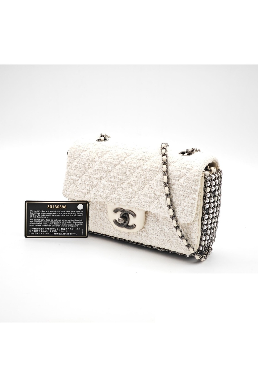 Chanel Tweed Single Flap Shoulder Bag Pearl White